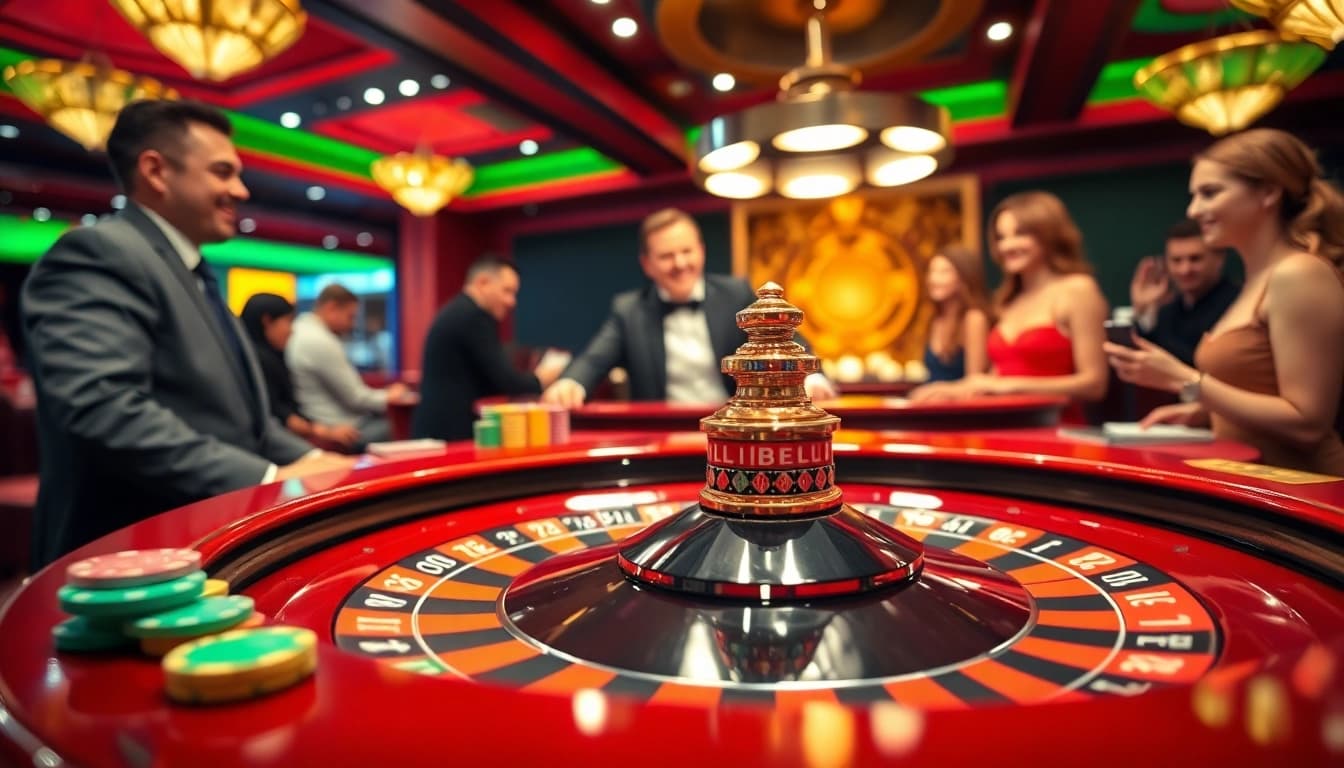 Players enjoying a trusted online casino singapore ambiance at a vibrant roulette table filled with color.