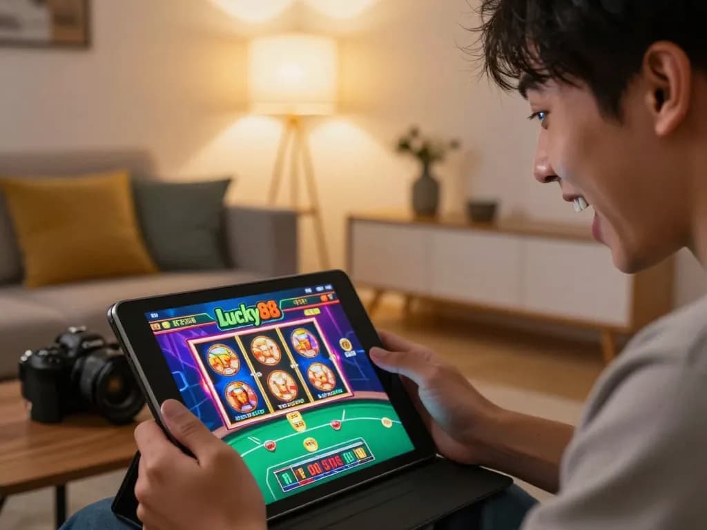Exciting online gaming experience at lucky88 featuring a player engaged on tablet in a cozy environment