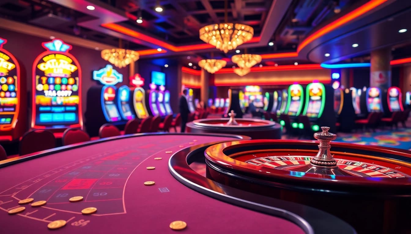 The vibrant atmosphere of a trusted online casino Malaysia with table games and slot machines.