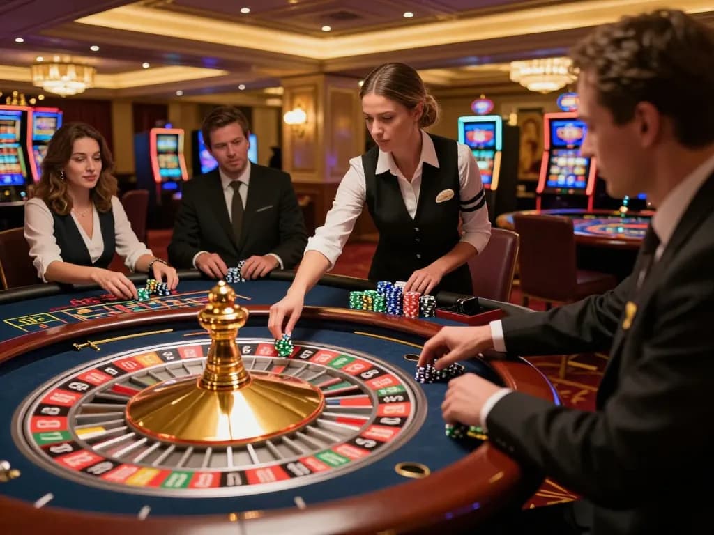 Experience the thrill of cm88 com with players at a roulette table placing bets amidst vibrant casino action