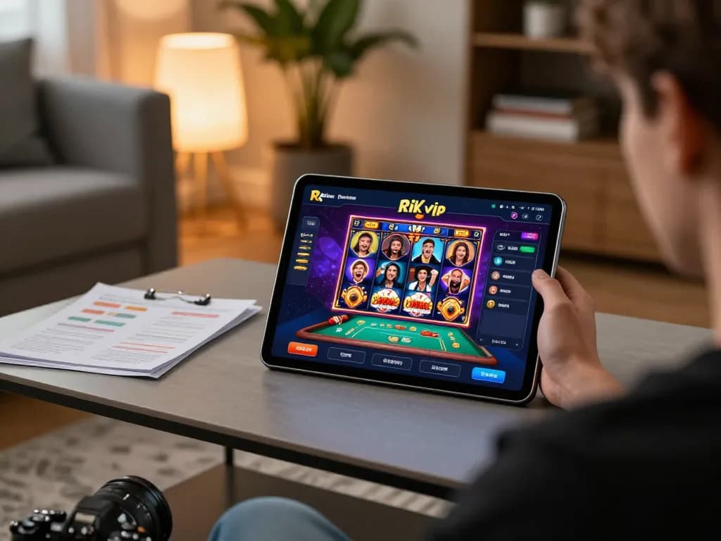 Engaging with the Rik vip casino app while relaxing at home, enjoying an online gaming experience.