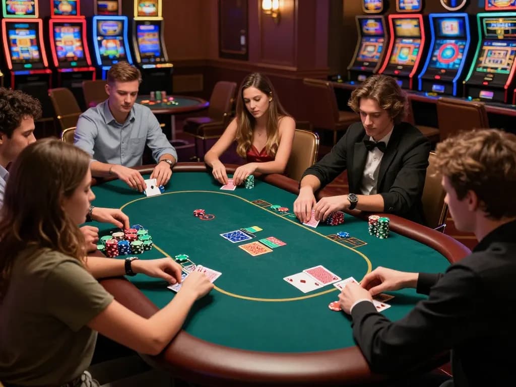 Players enjoying a vibrant poker game at 789F casino, capturing strategic moments and lively atmosphere with colorful chips.