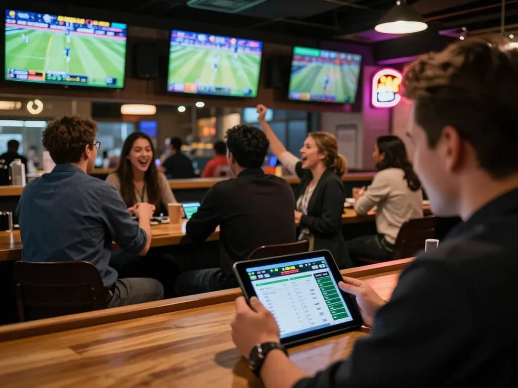 Exciting sports betting scene at cm88 com, patrons engaged in live sports action and placing bets.