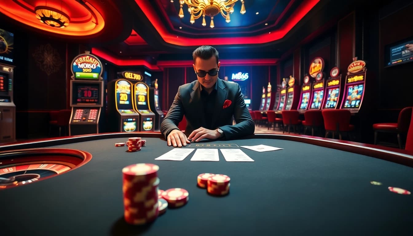 Players engaging at the MB66 casino table with vibrant poker chips and a roulette wheel.