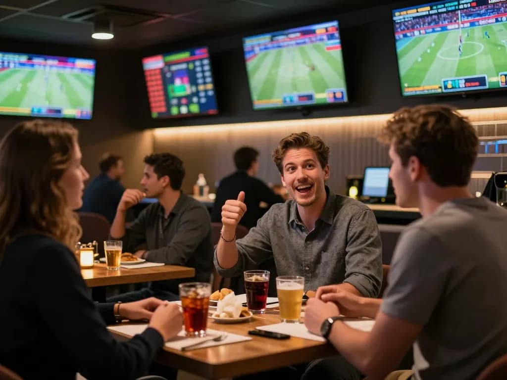 Sports betting enthusiasts analyzing odds and placing bets in a vibrant lounge atmosphere, highlighting soi keo nha cai strategies.
