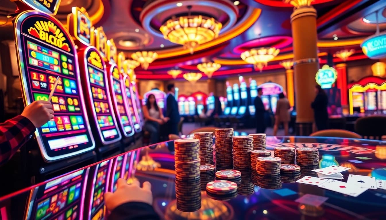 Players enjoying the excitement of bro138 slot machines in a vibrant casino setting.