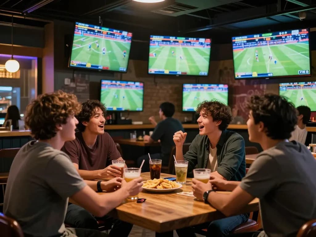 Friends enjoying sports betting while discussing strategies at HM88 sports bar.