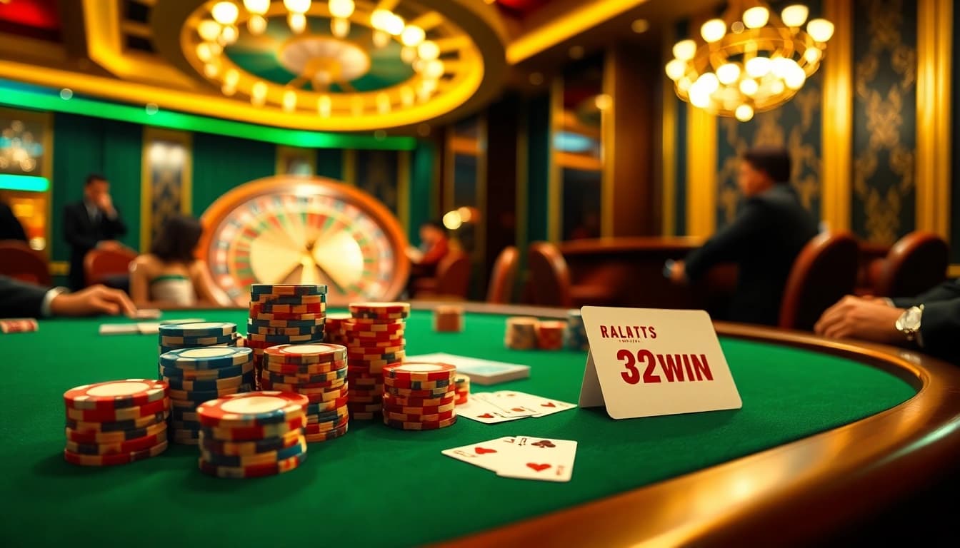 Experience 32 Win excitement at a luxurious poker table surrounded by vibrant casino elements.