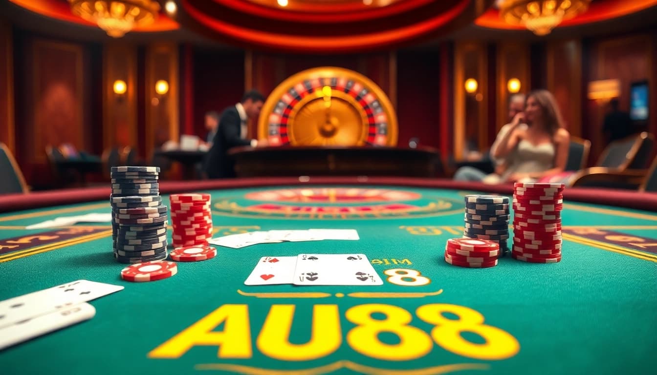 Experience the exciting atmosphere of AU88 casino gaming with a luxurious poker table and roulette wheel.