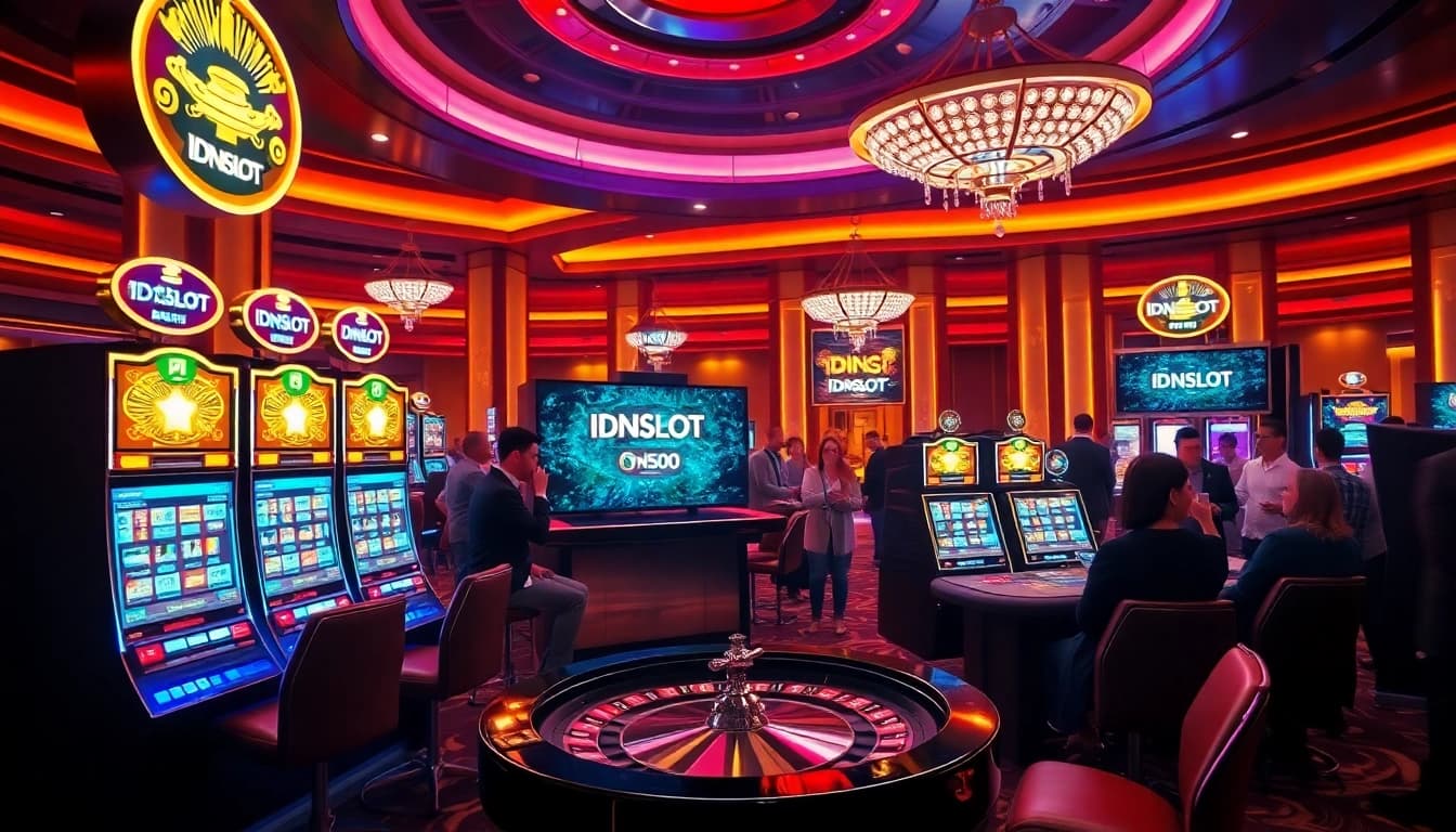 IDNSLOT players celebrating big wins in a vibrant casino scene with exciting slot machines.