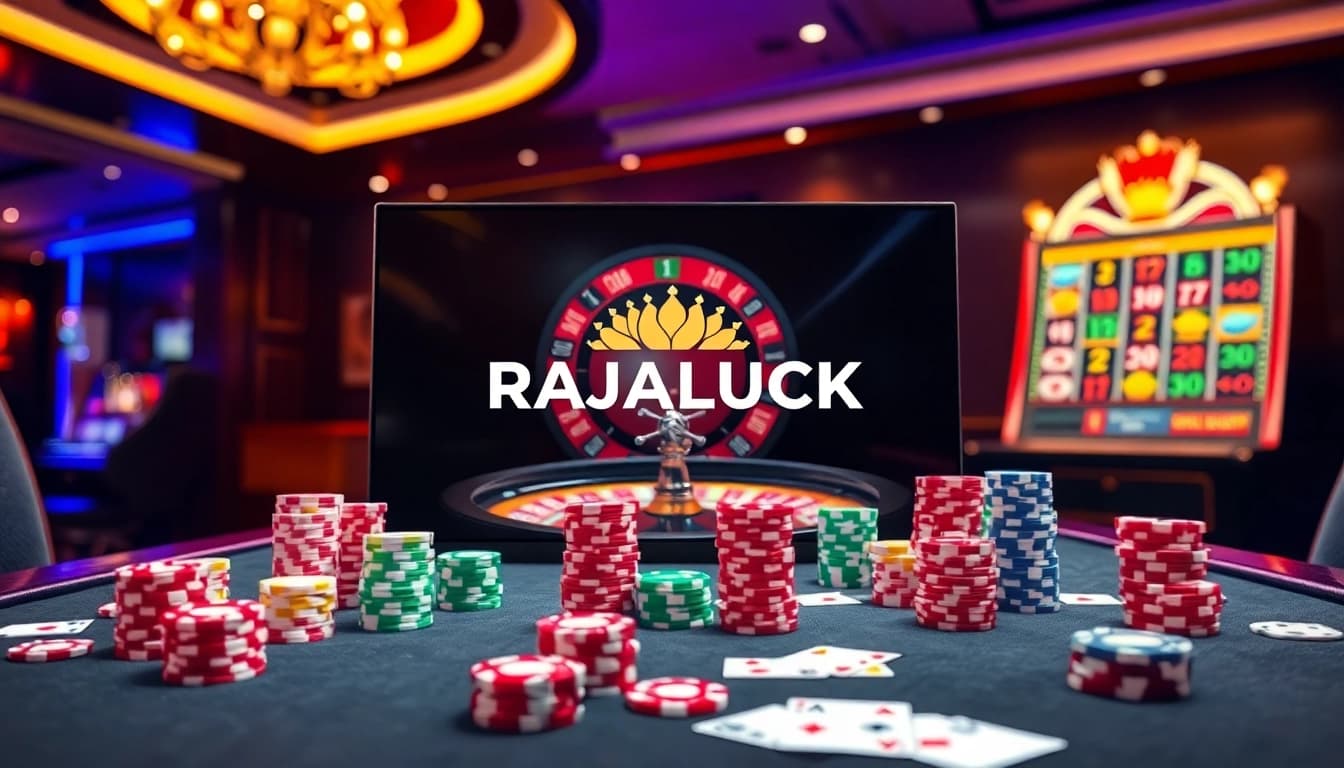 Raja Luck login interface showcasing vibrant slot machines and poker chips, highlighting seamless online gaming.