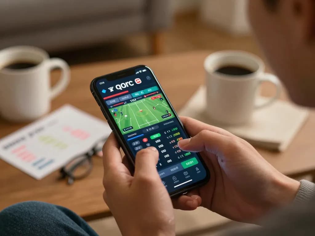 Engaging in sports betting on a smartphone while analyzing odds in the warm ambiance of home, nk88 experience.