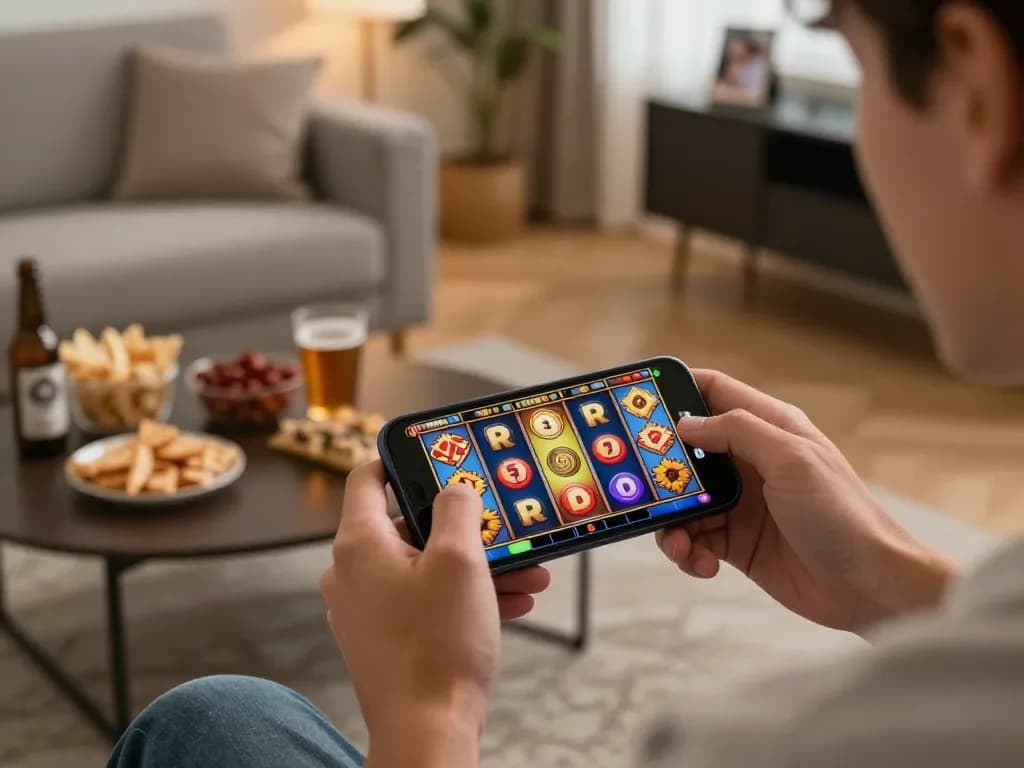 Pemain menikmati permainan slot yang mendebarkan di smartphone mereka di lingkungan rumah yang nyaman.