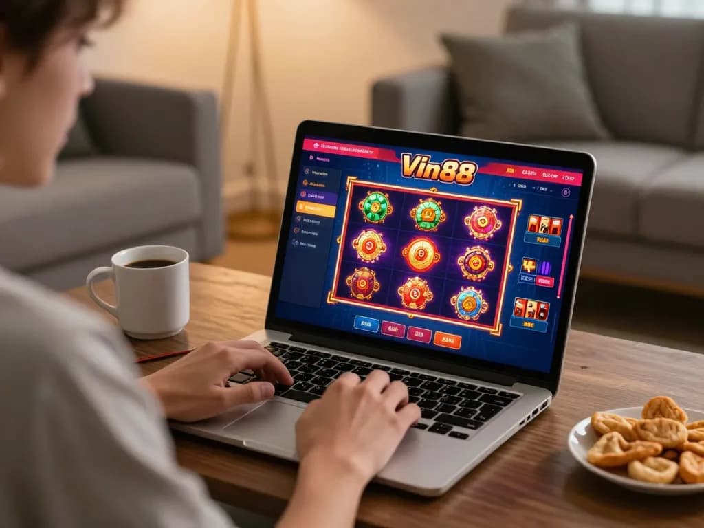Player enjoys Vin88 online slots at home, showcasing modern gaming setup.