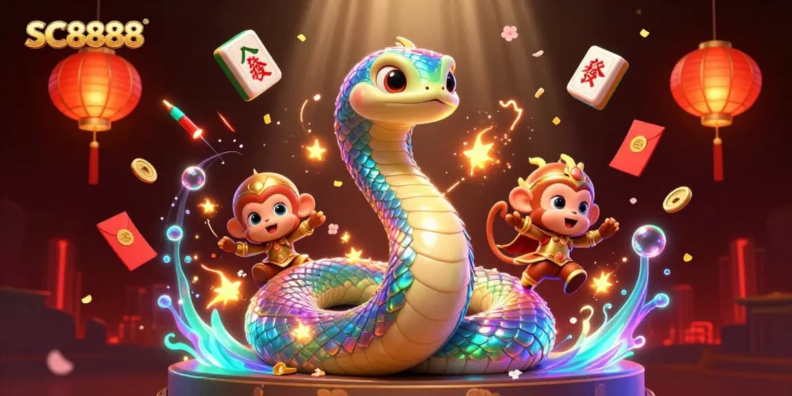 Win big at SC8888 with this vibrant illustration featuring lucky symbols and dynamic elements!