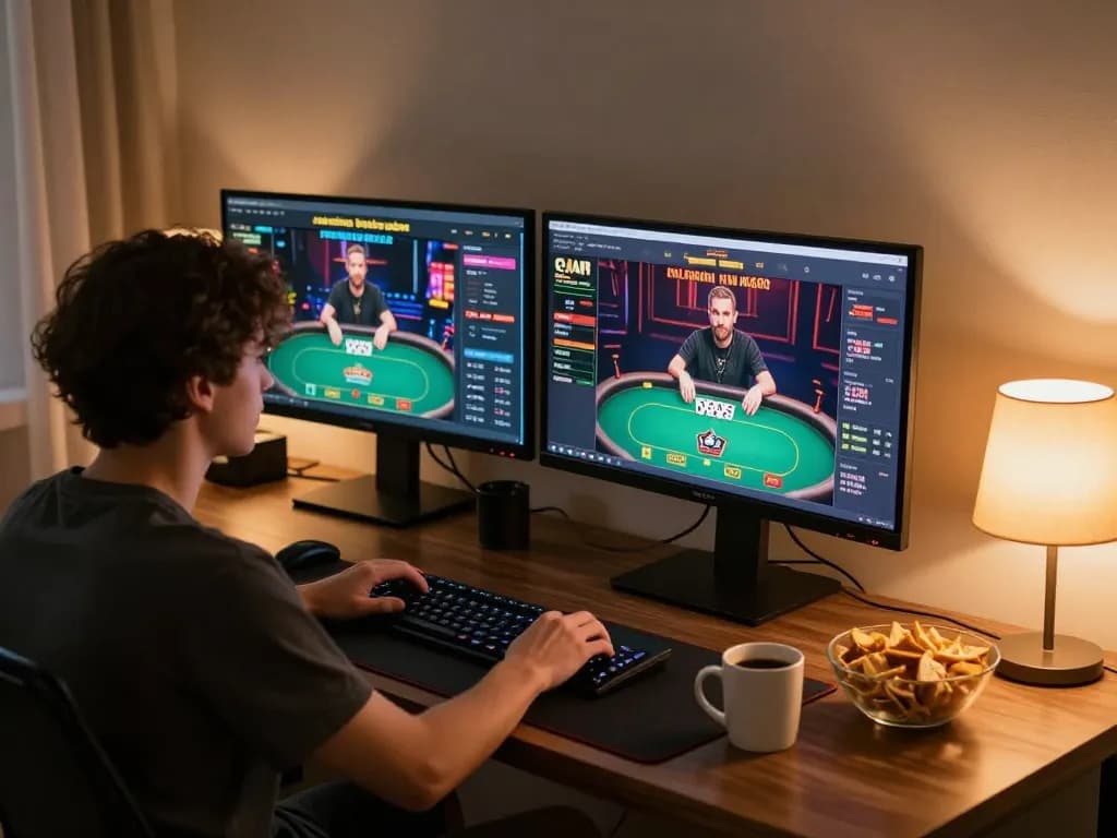 Engaging online gaming experience showcasing Nk88 com poker game on multiple screens in a stylish home office