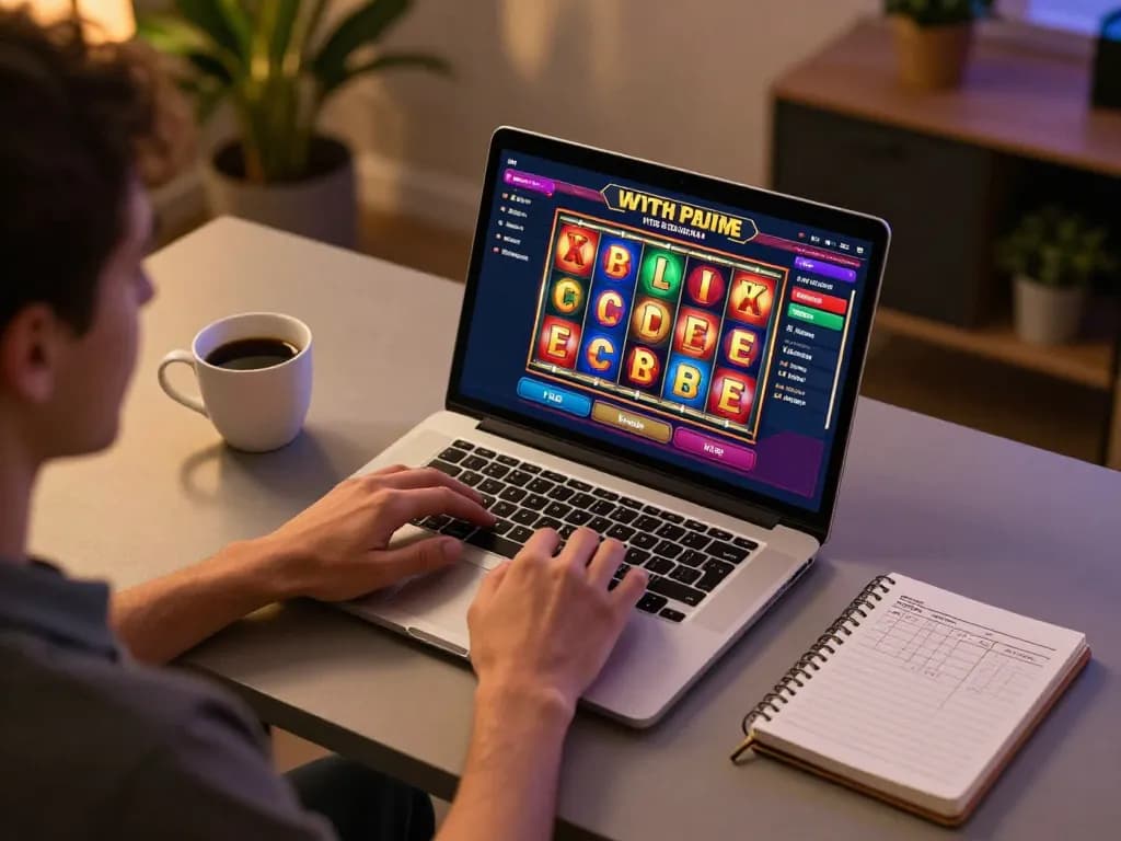 Player enjoying casinos not on gamstop at home on a laptop with colorful slot games.