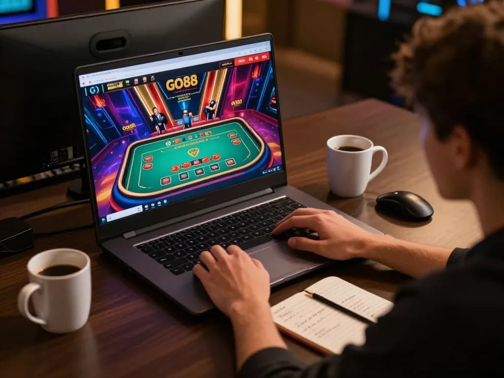 Player engaged in GO88 online casino gaming, showcasing live dealer action and elegant gaming setup.