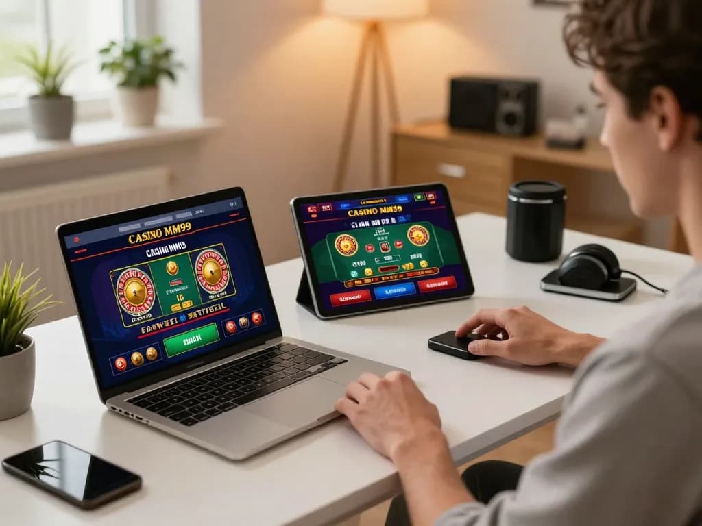 Engaging with Casino MM99 on a laptop at a stylish home gaming setup, enhancing online play experience.