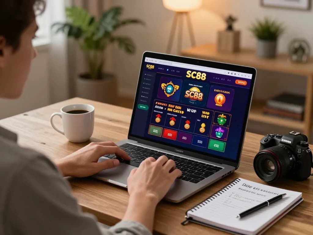 Player enjoying SC88 online casino gaming at home, engaging with strategies and warm ambiance.