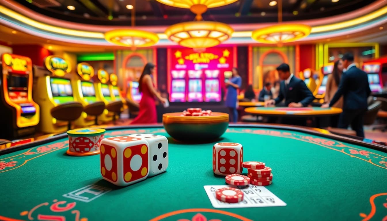 Playing at an Evolution ไฮโล เว็บตรง table with colorful dice and chips in a vibrant casino atmosphere.