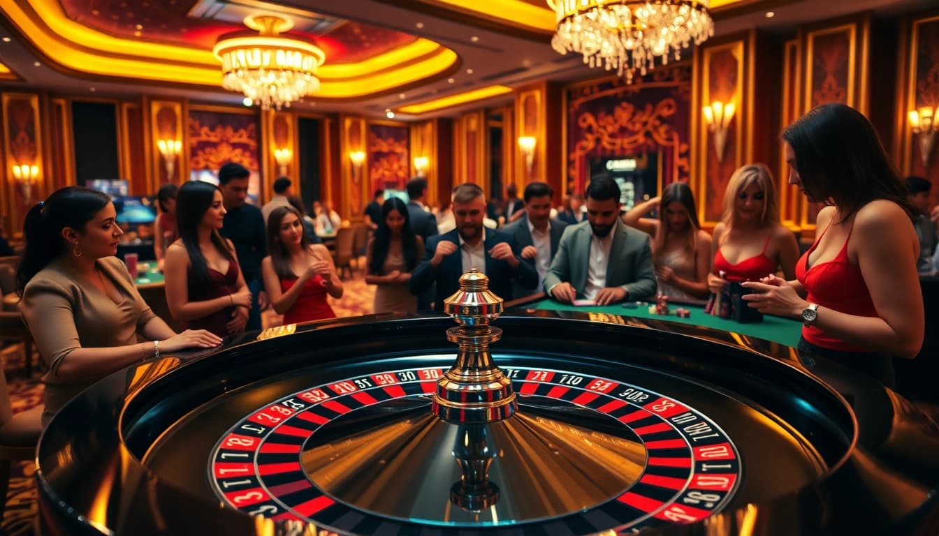 Arus hoki di meja roulette yang sangat elegan di kasino mewah, menunjukkan pemain yang bersemangat.