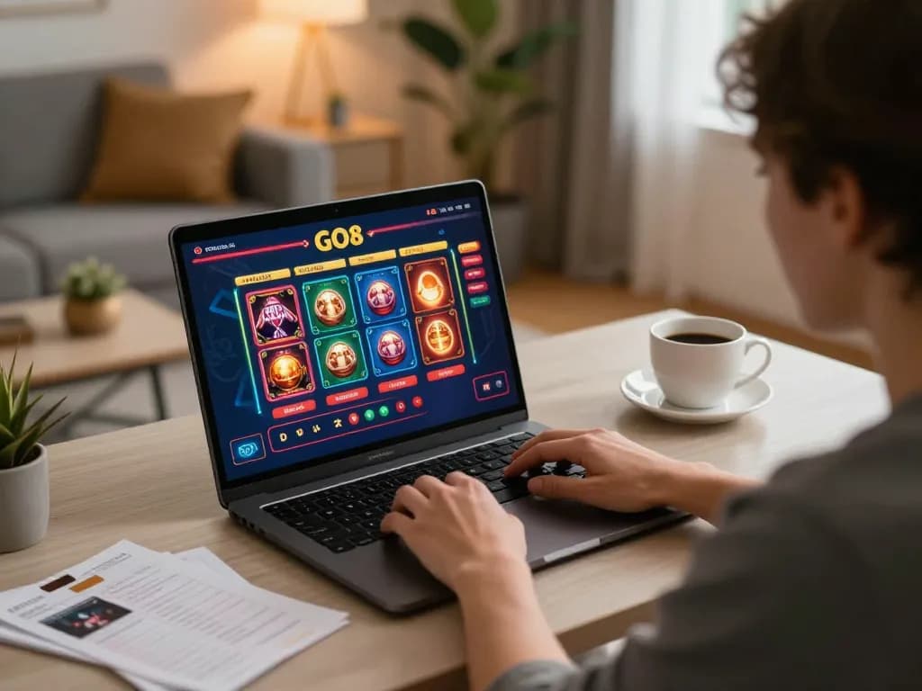 Engaging online gambling moment featuring the go8 trang chủ on a laptop screen with strategic notes