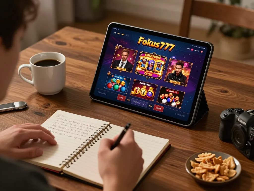 Engaging with the Fokus777 casino app on a tablet, surrounded by snacks and strategy notes.