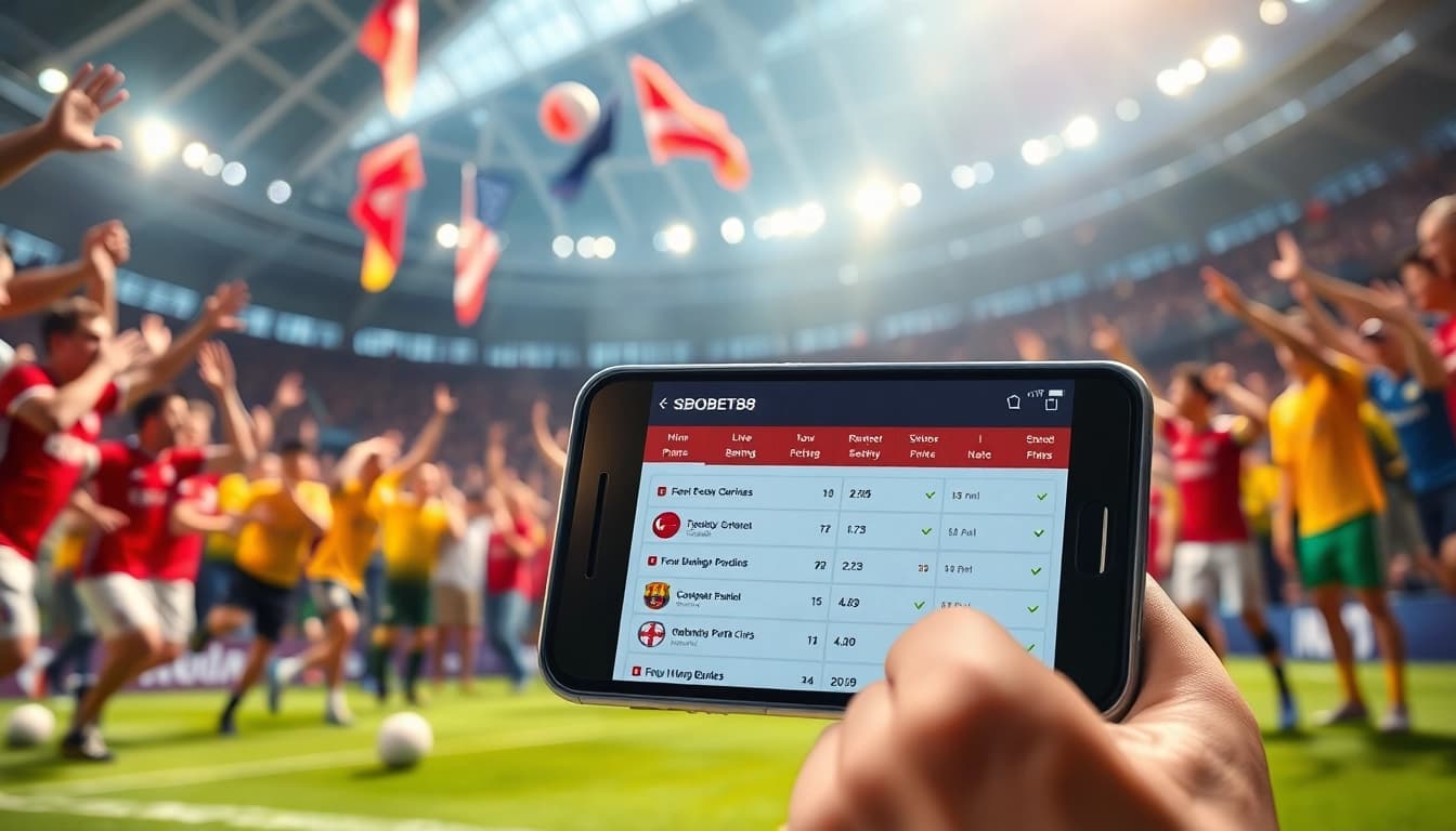 Menyaksikan taruhan SBOBET88 pada ponsel saat pertandingan sepak bola yang seru.