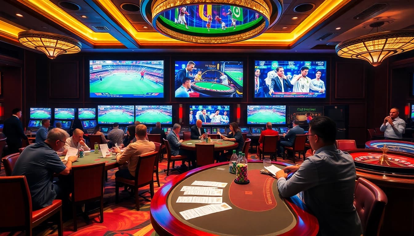 A lively casino scene focusing on เทคนิคแทงบอล with eager gamblers reviewing their sports betting slips.