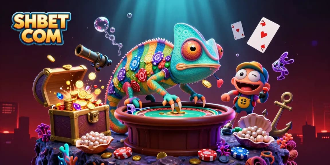 Engage with SHBET COM's vibrant casino experience featuring a playful chameleon amidst gold treasures and games.