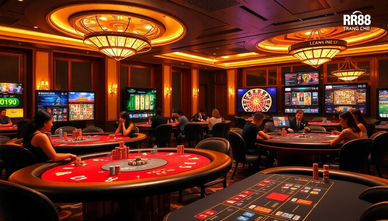 Engaging scene at Trang Chủ RR88 showcasing players enjoying casino games with vibrant poker chips and cards.