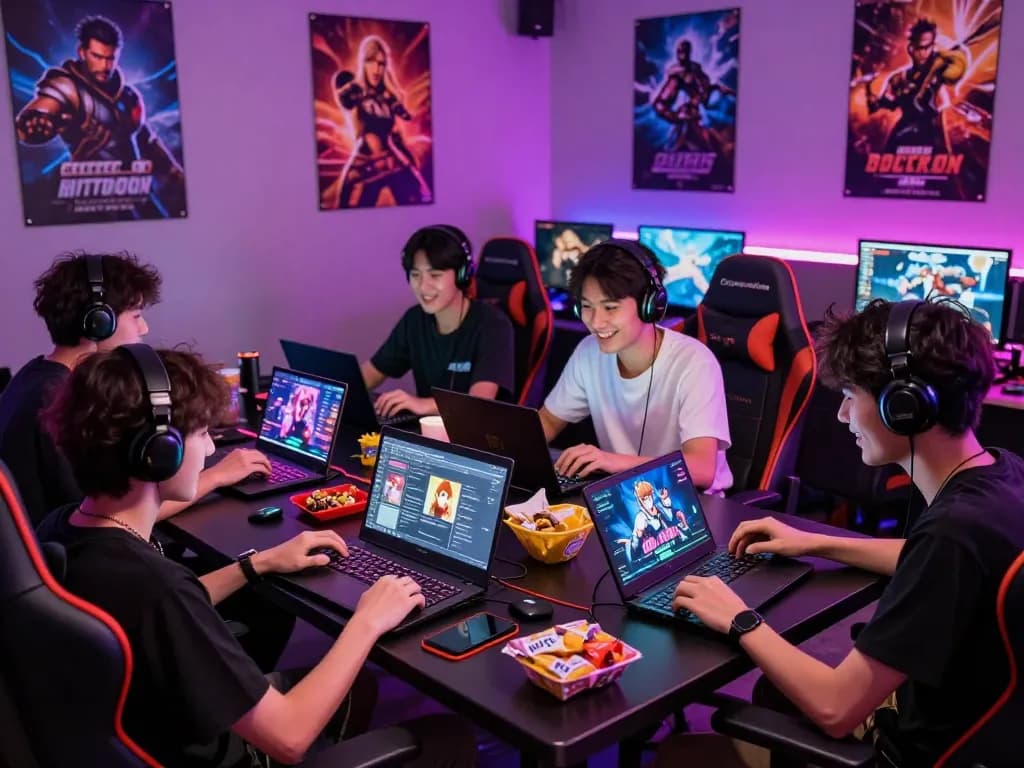 Group of friends playing html porn games in a vibrant gaming lounge
