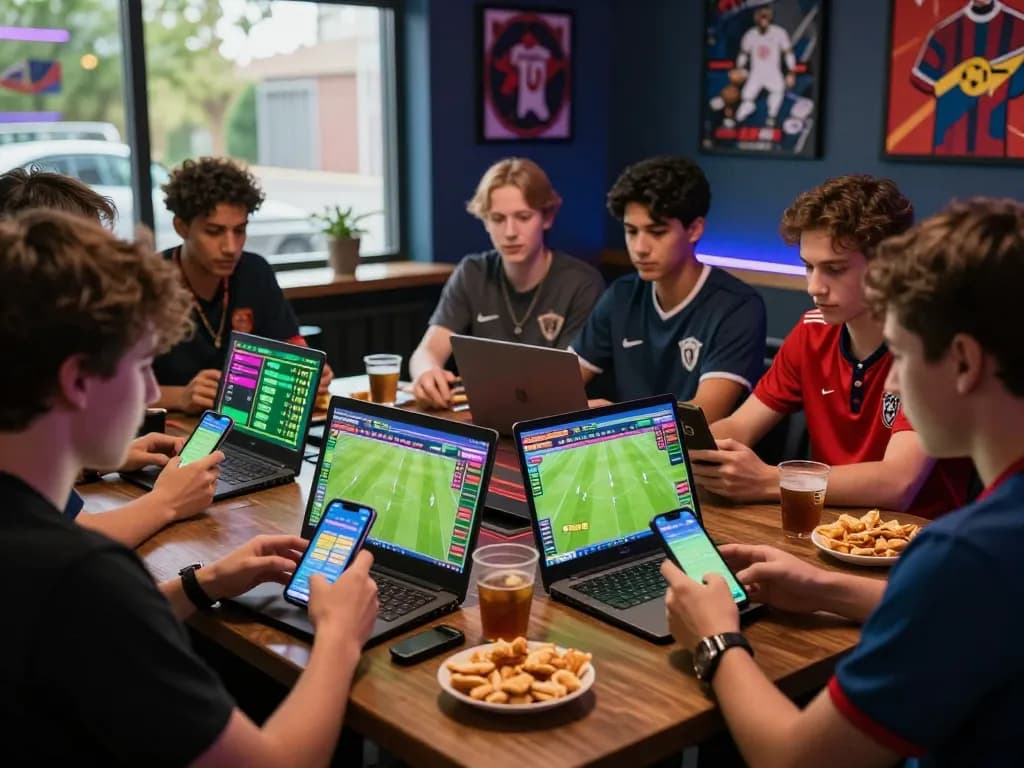 Latarnya yang menarik dari orang dewasa muda yang berpartisipasi dalam agen judi bola online dengan atmosfer yang hidup dan teknologi yang dinamis.