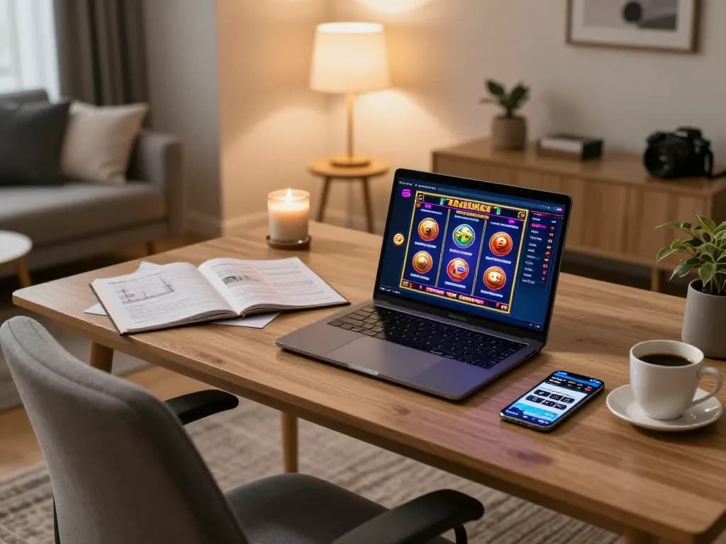 Engaging in a slot online game from a cozy home setup, showcasing modern gaming elements and strategy notes.