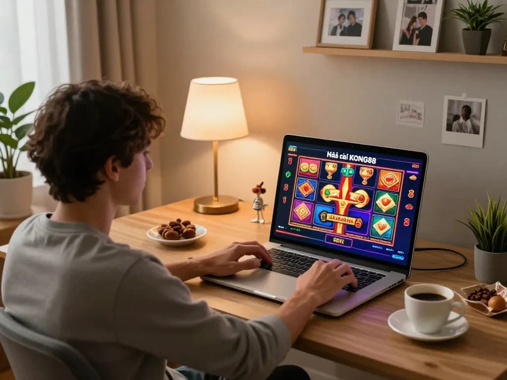 Experience dynamic online gaming with Nhà cái KONG88 on a cozy home desk, showcasing engaging slot visuals.