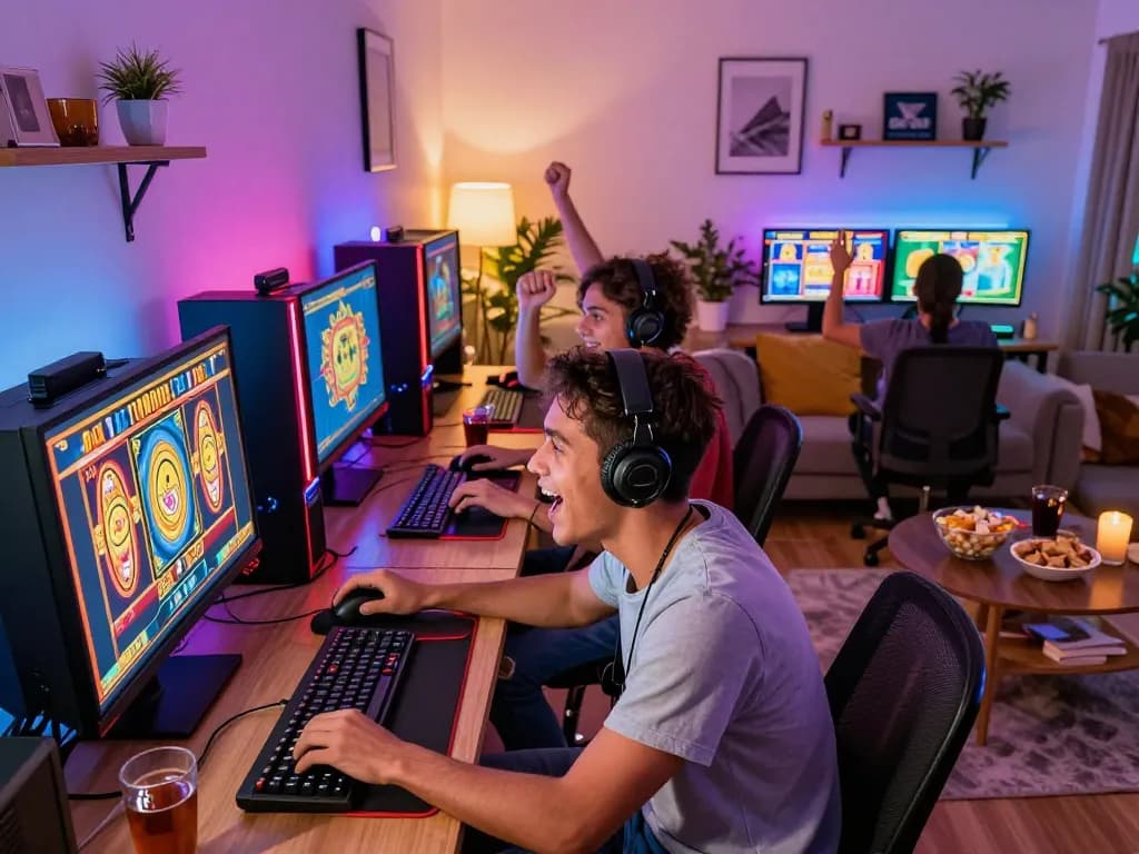 Sahabat merayakan kemenangan saat bermain permainan situs slot dalam pengaturan permainan modern.