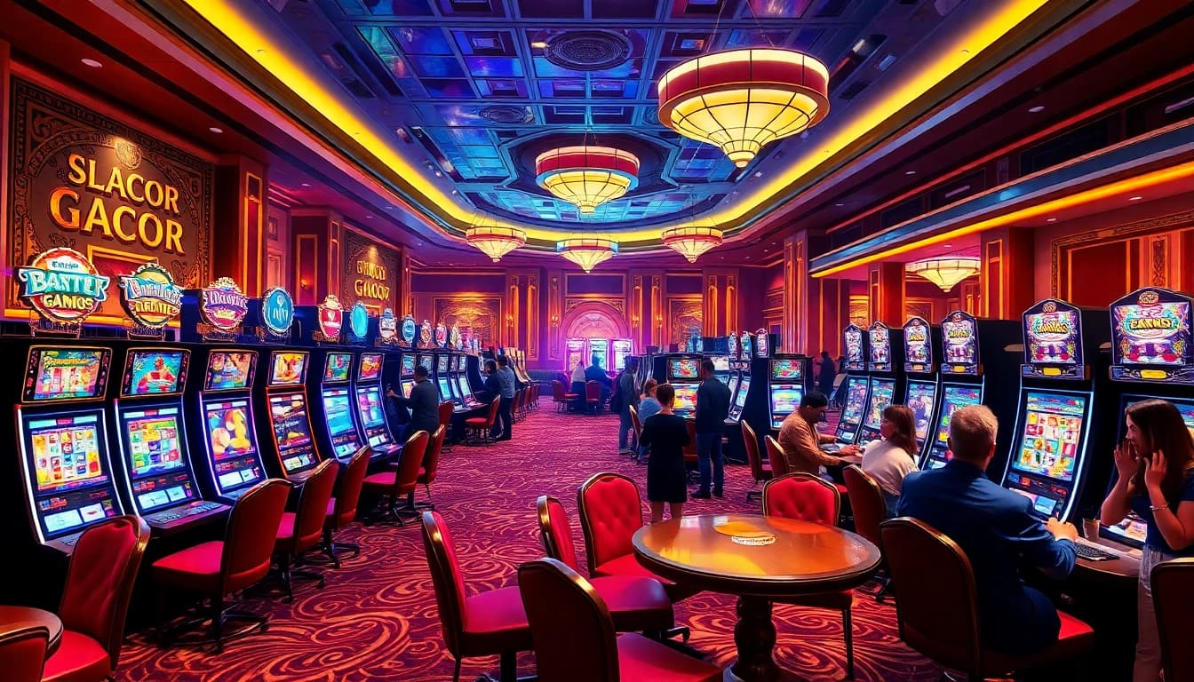 Engaged players at a luxurious casino celebrating wins on slot gacor machines.