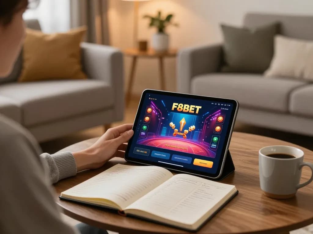 Engage in online gaming with F8BET on a tablet in a cozy home setting