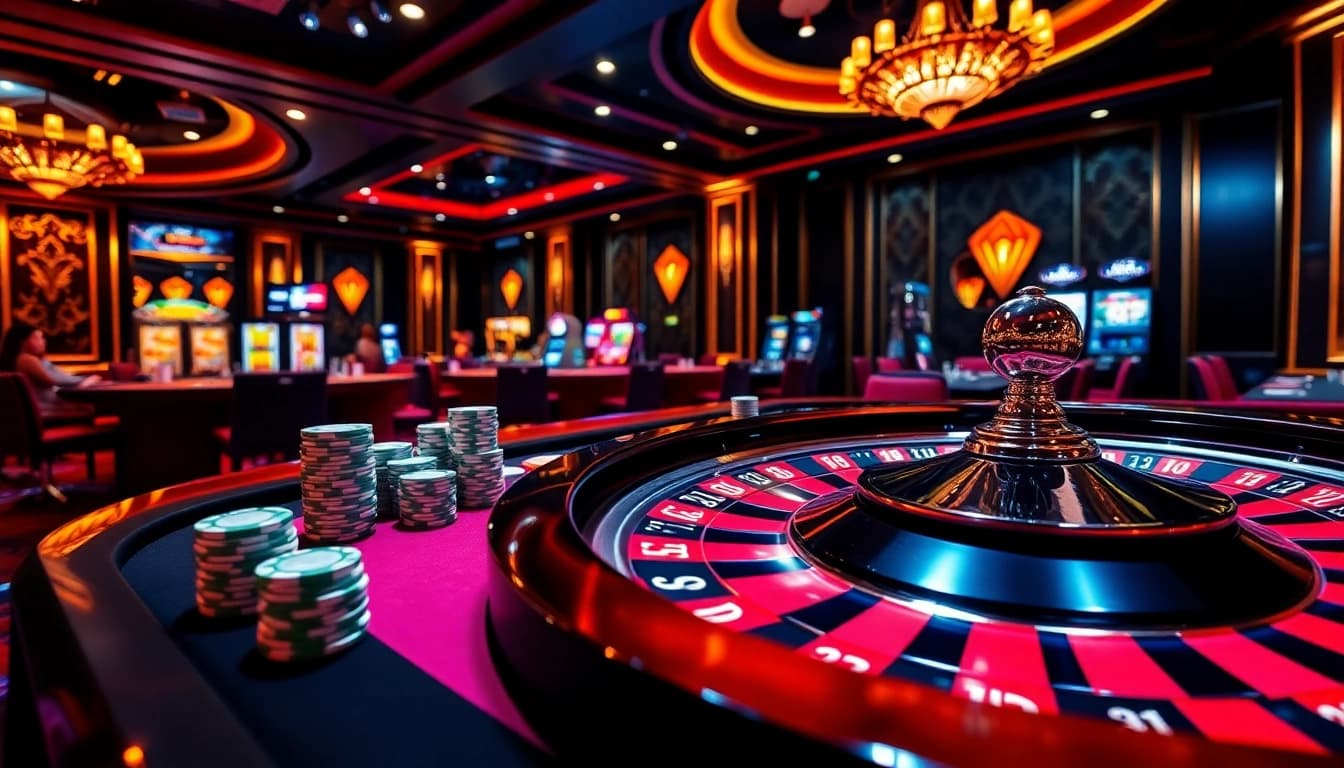 Players enjoying high-energy games at the s8 nhà cái casino with vibrant poker chips and roulette.