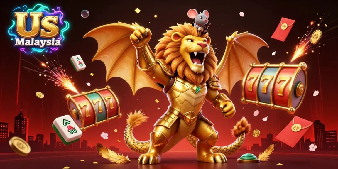 Experience vibrant excitement with Us Casino Malaysia; 3D chimera creature and lucky gaming elements.