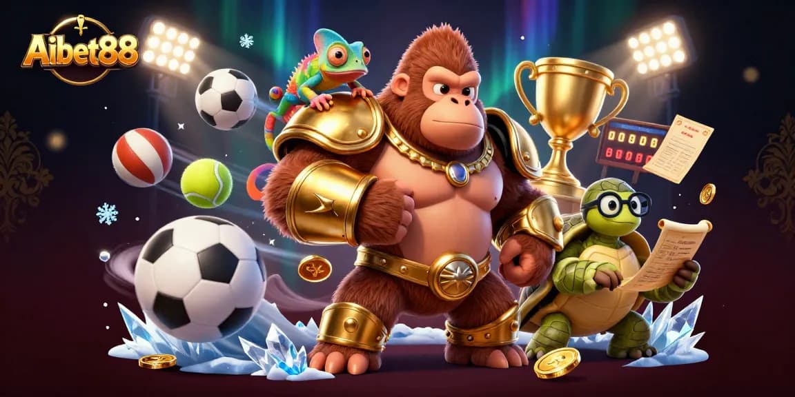 Aibet88 brings thrilling moments with an epic 3D casino scene featuring vibrant characters and dynamic sports elements.