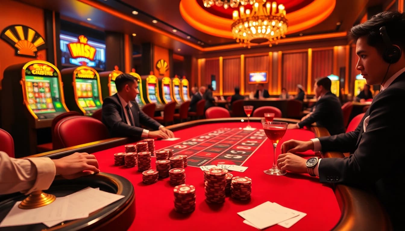 Experience thrilling gambling with mm88 vin at a luxurious casino table, featuring poker chips and roulette wheels.