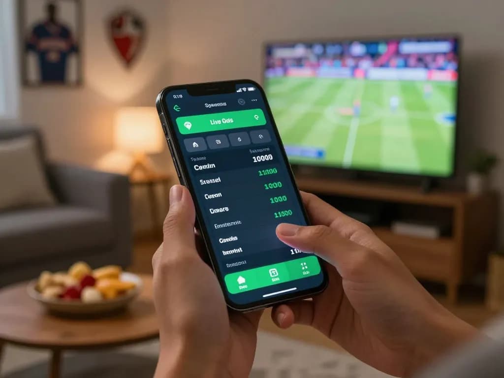 Engaging user placing bets on Go8 mobile sports betting app in a cozy living room.