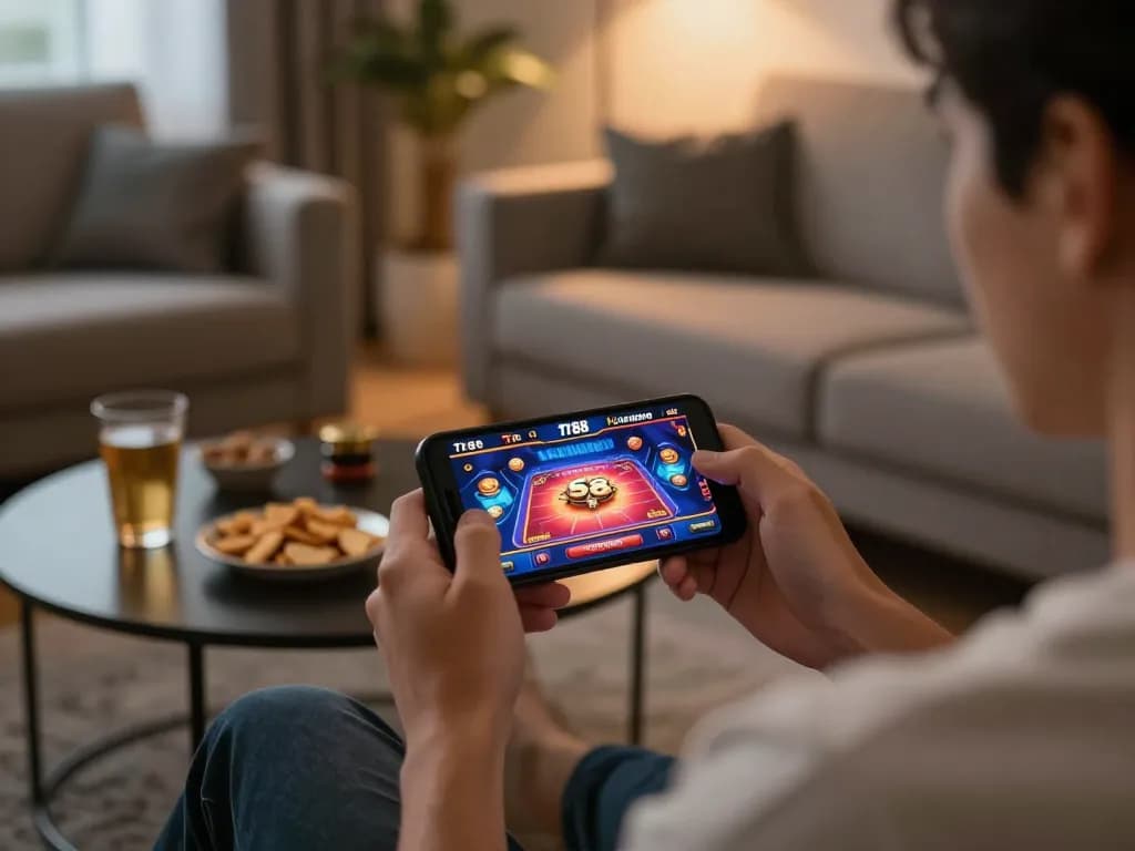 Engaging in online gaming with Tr88 đăng nhập on smartphone in a cozy living room