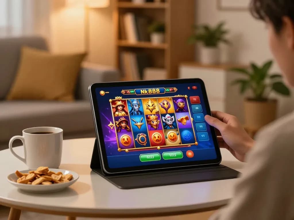 Engaging in online casino gaming with vibrant Nk888 slot interface on a tablet in a cozy living room.