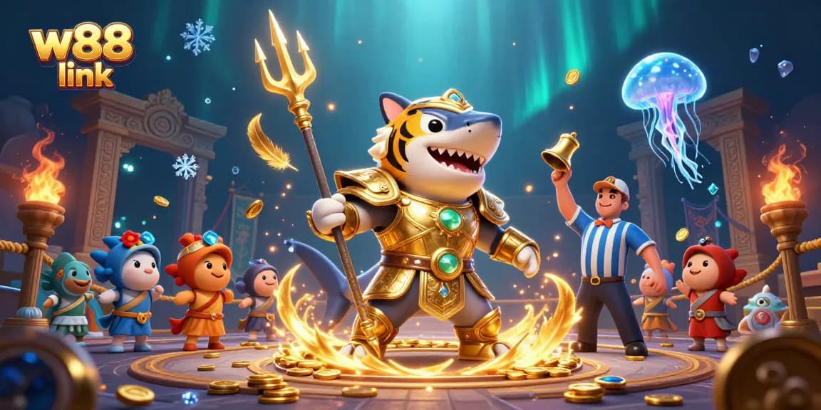 Experience the thrill of gambling with the vibrant w88 link illustration featuring a tiger shark and dynamic elements.