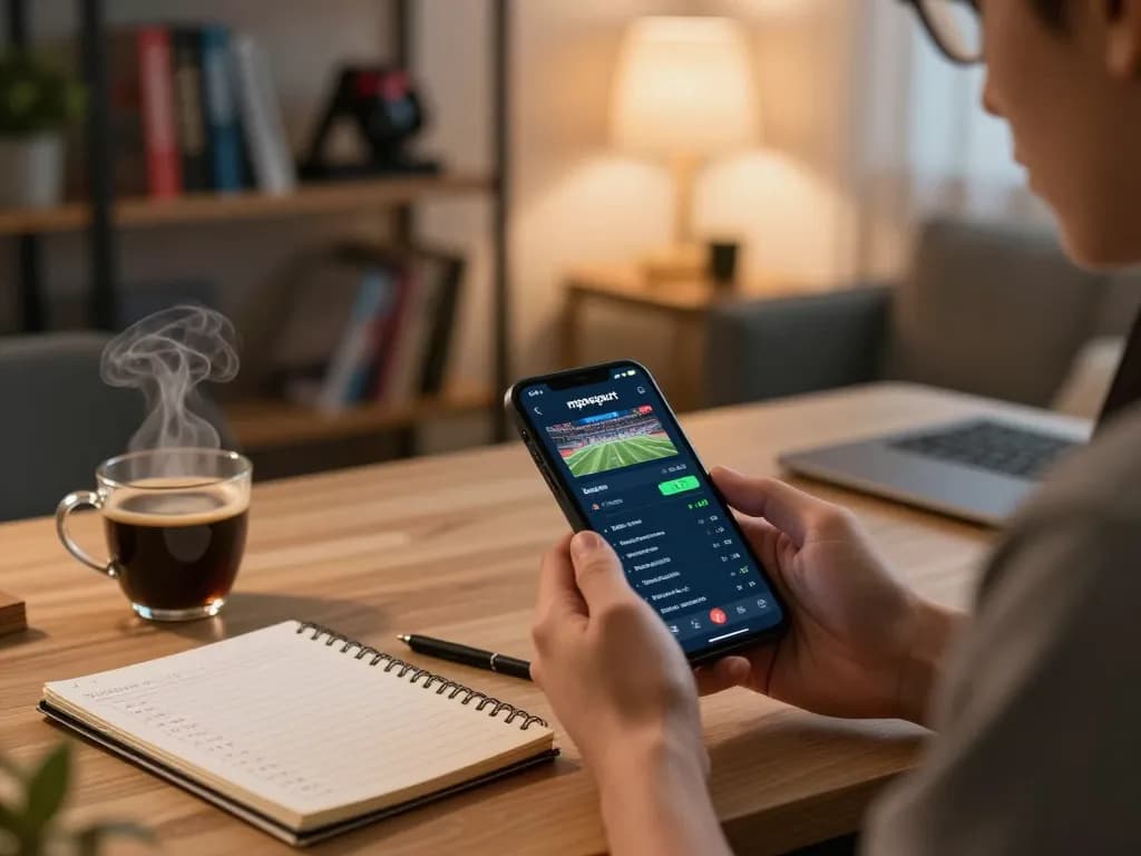 Engaging with mposport's betting interface on a smartphone in a cozy home setup.
