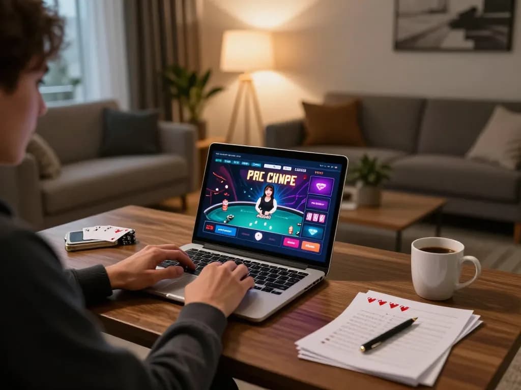 Person playing poker online at home with tr88 interface visible on laptop screen, creating an engaging and cozy gaming atmosphere
