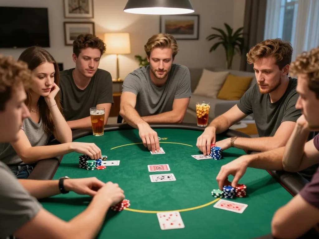 Friends enjoying an engaging poker game at home with 888NEW branded cards and chips.